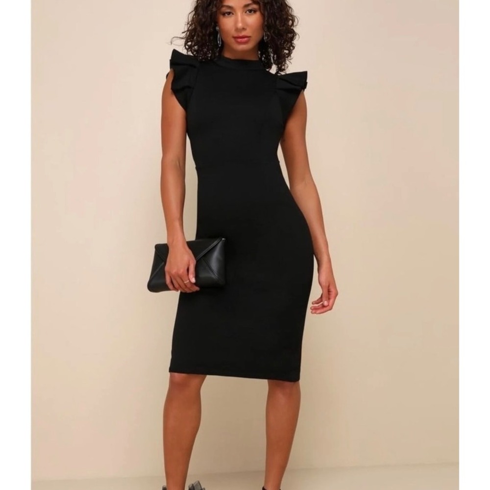 Lulus Stylish Splendor Black Backless Ruffle Bodycon Midi Dress Keyhole XL LBD - Picture 2 of 12